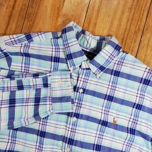 Polo Ralph Lauren Shirt Men's XL Flesh Pony Oxford Classic Fit Blue Pastel Plaid
